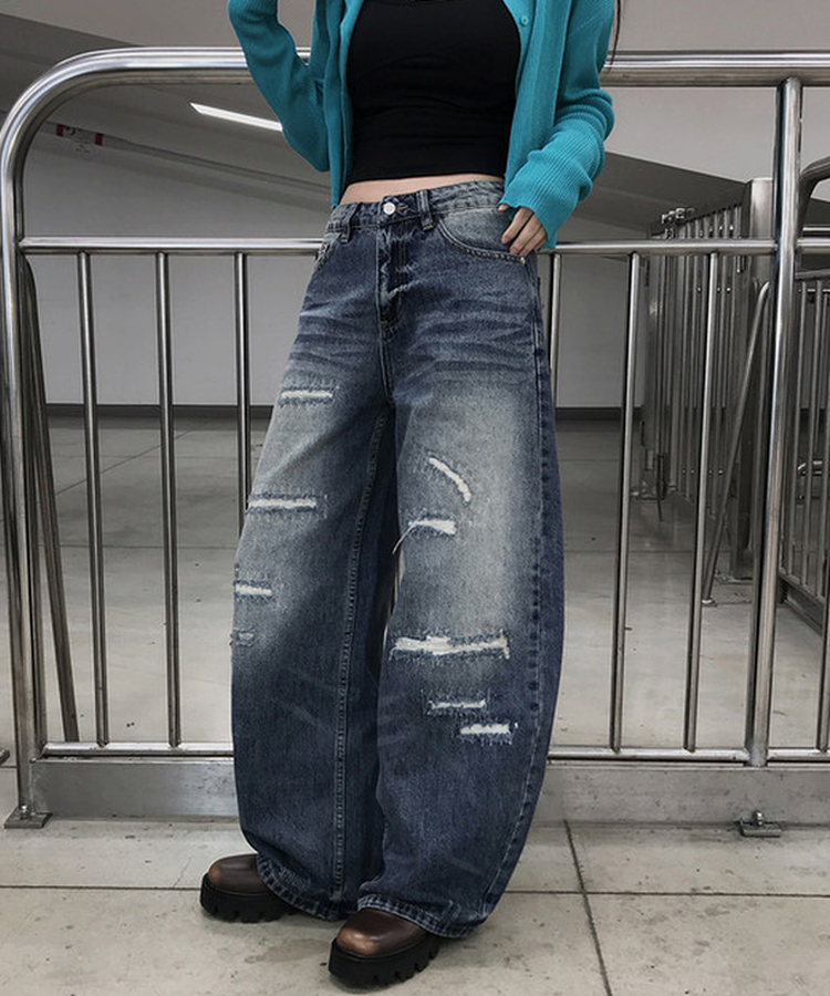 ダメージデニムワイドパンツ MID DENIM