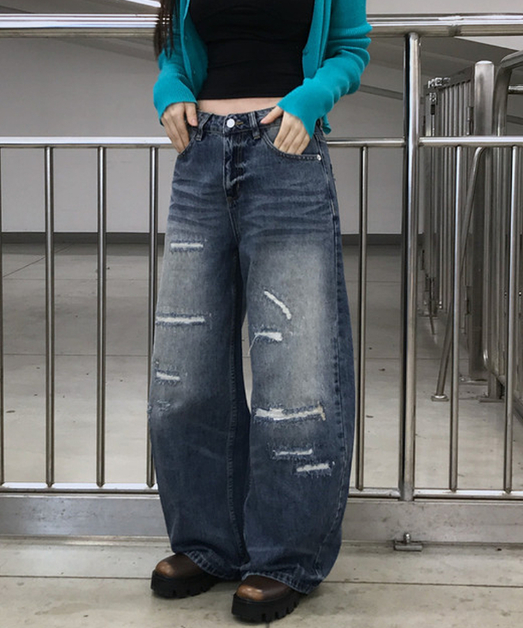 ダメージデニムワイドパンツ MID DENIM
