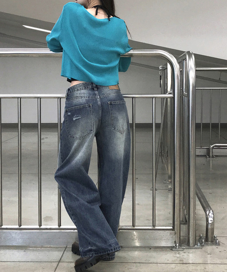 ダメージデニムワイドパンツ MID DENIM
