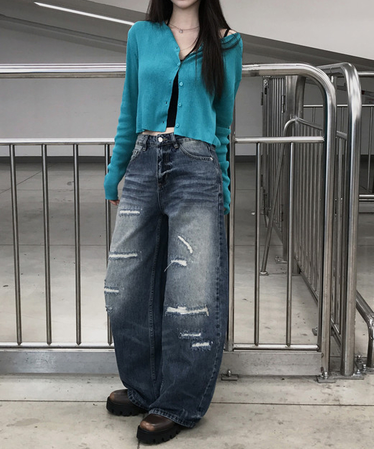 ダメージデニムワイドパンツ MID DENIM