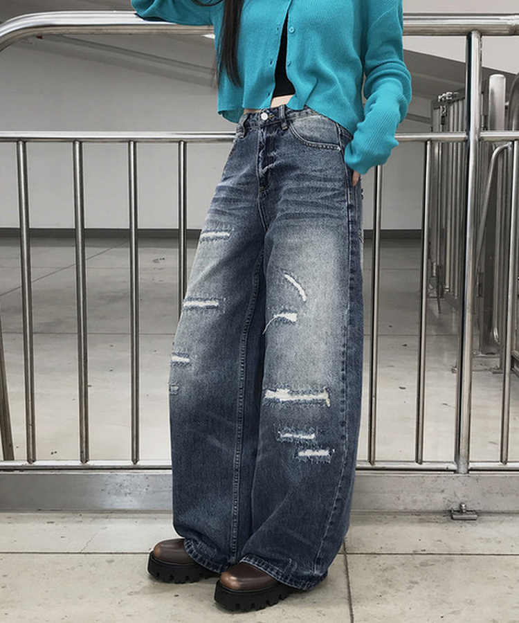 ダメージデニムワイドパンツ MID DENIM