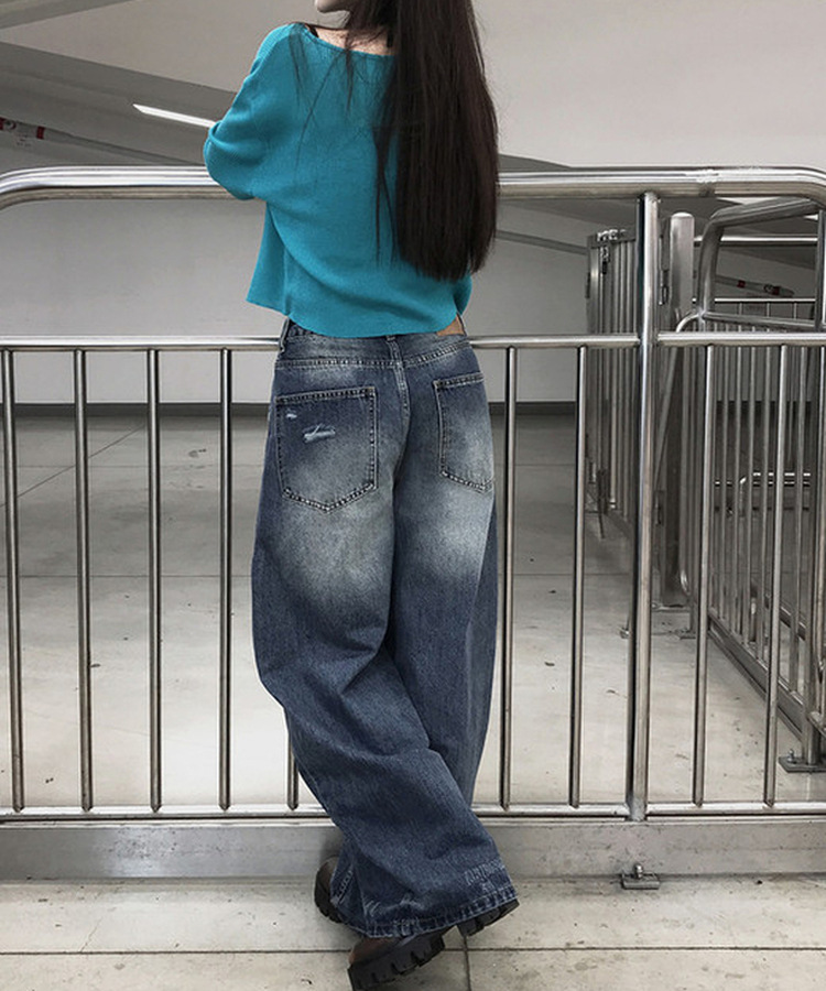 ダメージデニムワイドパンツ MID DENIM