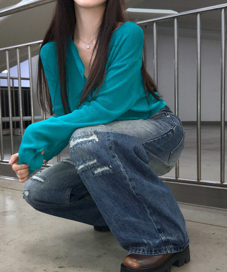 ダメージデニムワイドパンツ MID DENIM