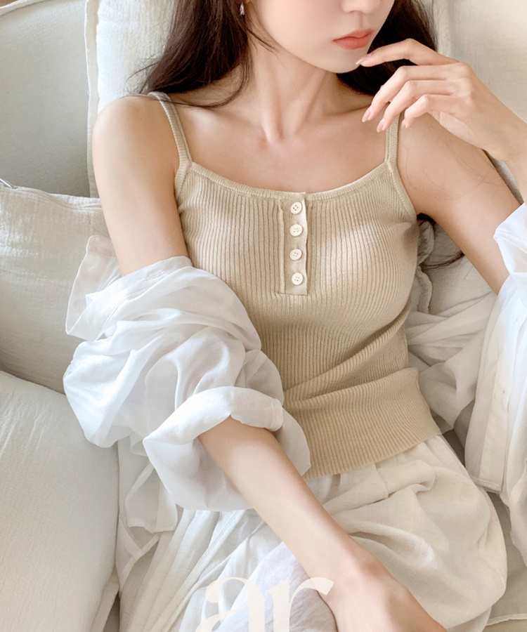 （無地＆ストライプ／10colors♥）ボタンポイント スリーブレス ニットトップス BEIGE