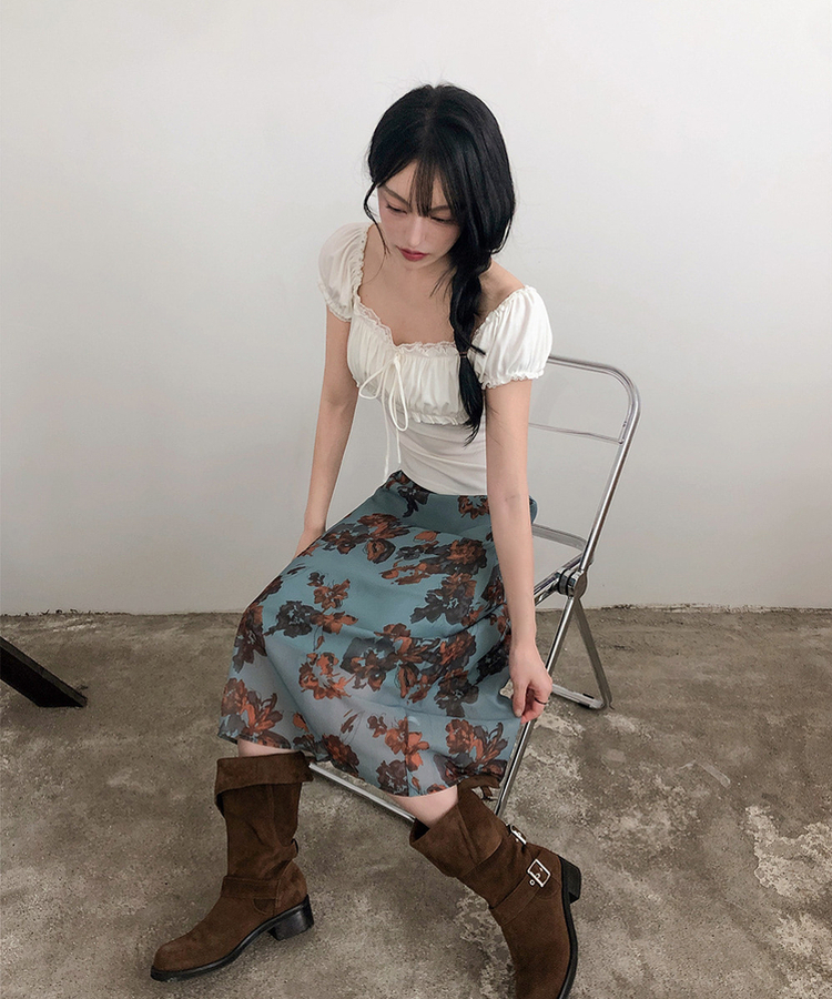 バンディングビンテージフラワーシフォンミディスカート BLUE
