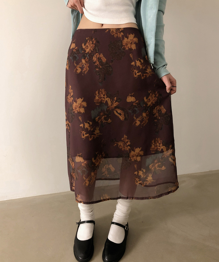 バンディングビンテージフラワーシフォンミディスカート WINE
