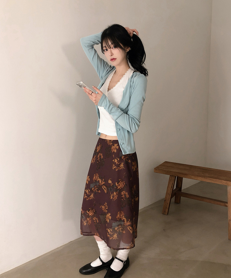 バンディングビンテージフラワーシフォンミディスカート WINE