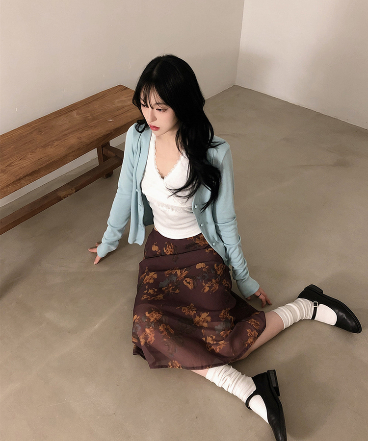 バンディングビンテージフラワーシフォンミディスカート WINE