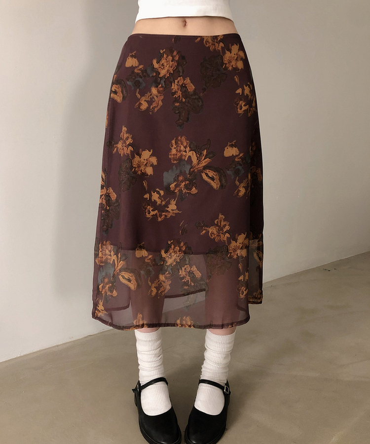 バンディングビンテージフラワーシフォンミディスカート WINE