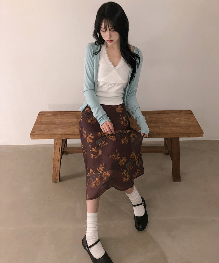 バンディングビンテージフラワーシフォンミディスカート WINE