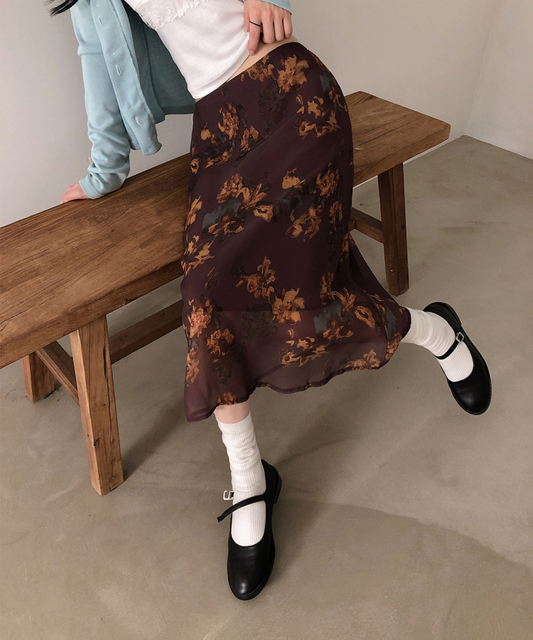 バンディングビンテージフラワーシフォンミディスカート WINE