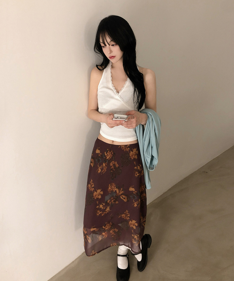 バンディングビンテージフラワーシフォンミディスカート WINE