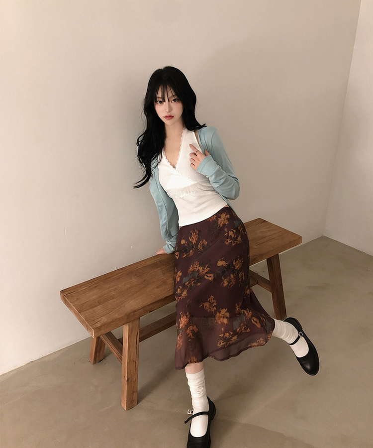 バンディングビンテージフラワーシフォンミディスカート WINE