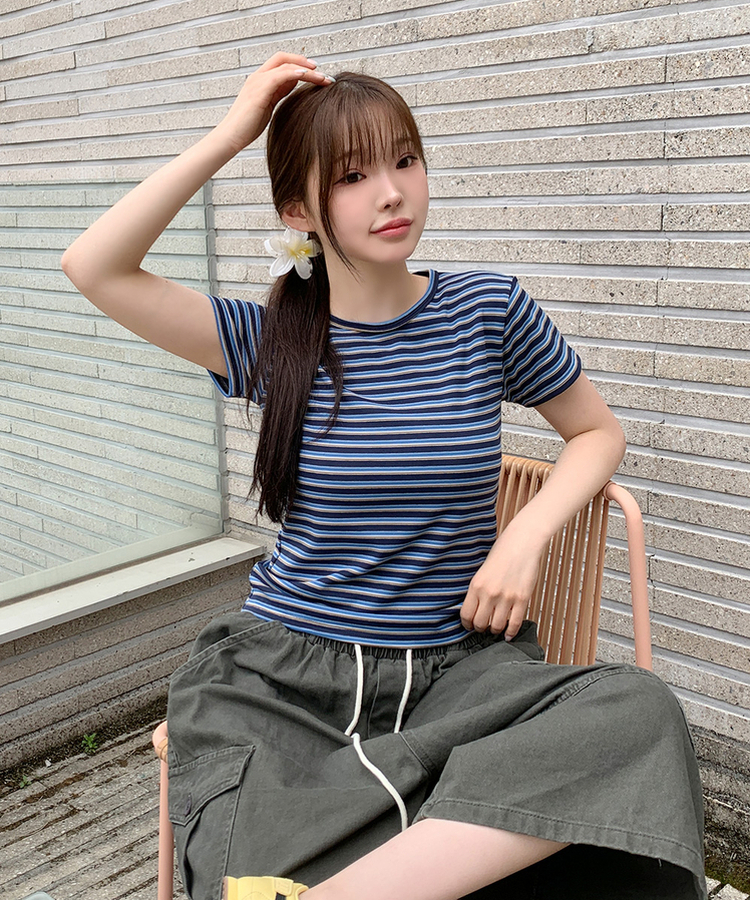 ストライプ半袖Tシャツ NAVY