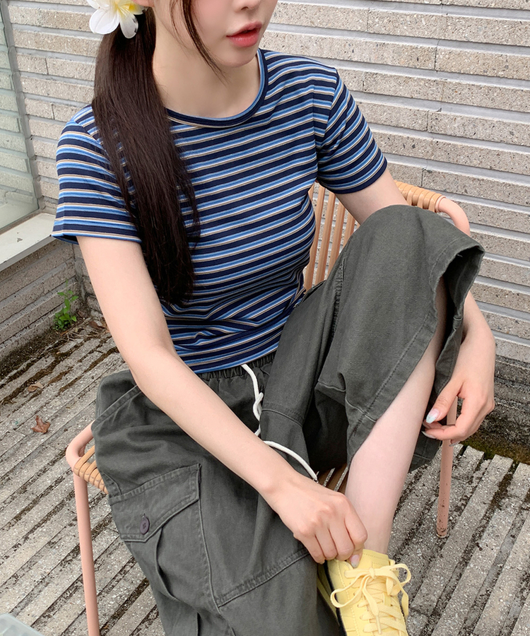 ストライプ半袖Tシャツ NAVY