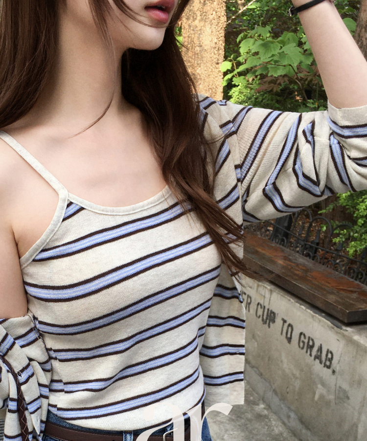 （ノースリーブ＋カーディガン／ストライプ／着回し力◎♥）ストライプ ノースリーブ 長袖カーディガン セット OATMEAL