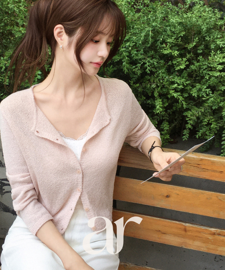 (韓国製)（日焼け対策アイテム／ブークレ素材／華奢見えフィット）サマー ブークレ ラウンドネック 長袖カーディガン PINK