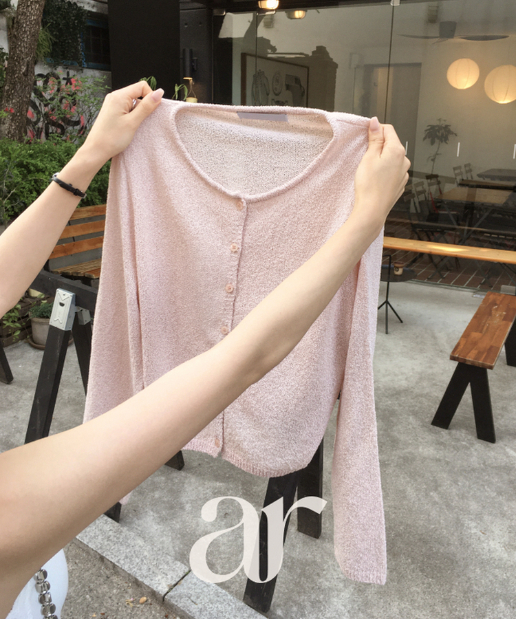 (韓国製)（日焼け対策アイテム／ブークレ素材／華奢見えフィット）サマー ブークレ ラウンドネック 長袖カーディガン PINK