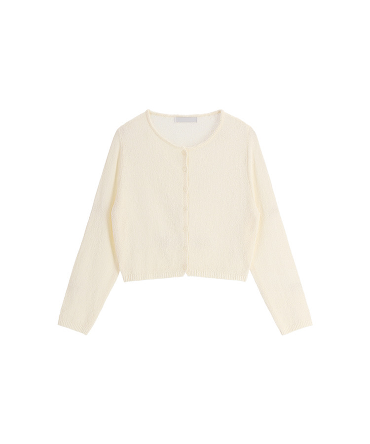 (韓国製)（日焼け対策アイテム／ブークレ素材／華奢見えフィット）サマー ブークレ ラウンドネック 長袖カーディガン