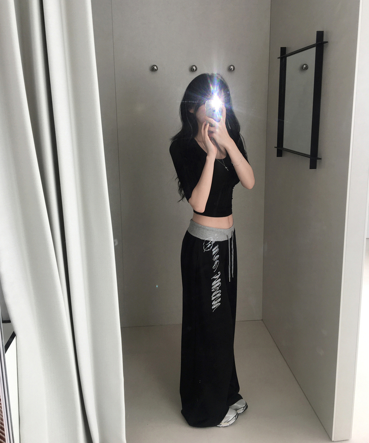 세닛 배색 큐빅 와이드 팬츠 롱 트레이닝 바지 레터링 밑단 스트링 조거 하체커버 체형커버 봄신상봄팬츠얇은팬츠 블랙