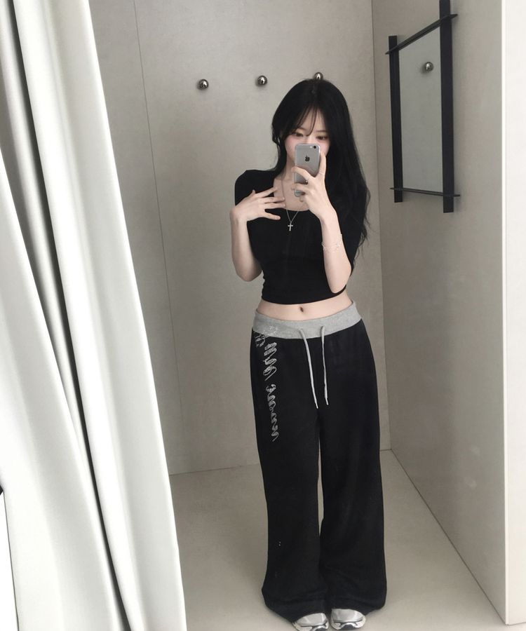 세닛 배색 큐빅 와이드 팬츠 롱 트레이닝 바지 레터링 밑단 스트링 조거 하체커버 체형커버 봄신상봄팬츠얇은팬츠 블랙