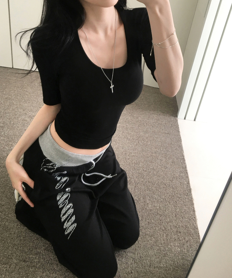 세닛 배색 큐빅 와이드 팬츠 롱 트레이닝 바지 레터링 밑단 스트링 조거 하체커버 체형커버 봄신상봄팬츠얇은팬츠 블랙