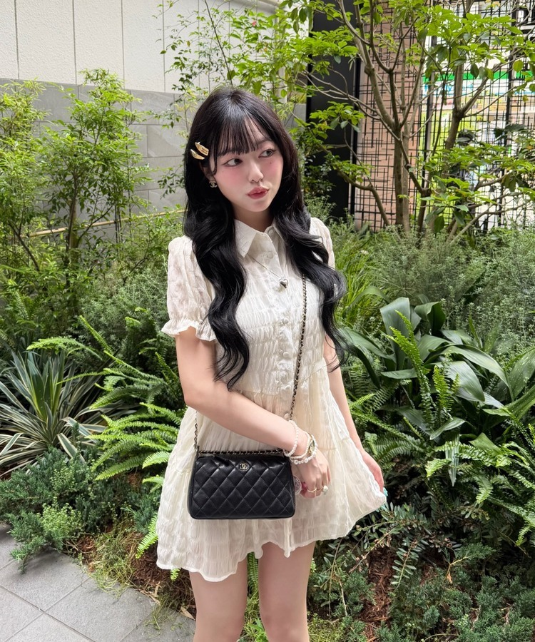 퍼프 플레어 셔링 반팔 미니원피스 아이보리