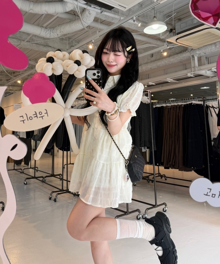 퍼프 플레어 셔링 반팔 미니원피스 아이보리