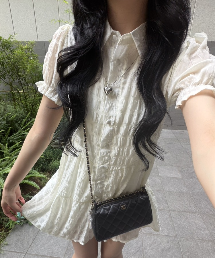 퍼프 플레어 셔링 반팔 미니원피스 아이보리