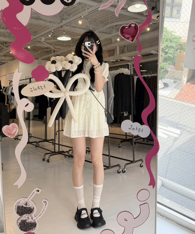 퍼프 플레어 셔링 반팔 미니원피스 아이보리