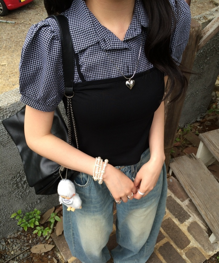 뷔스티에 레이어드 체크셔츠 블랙