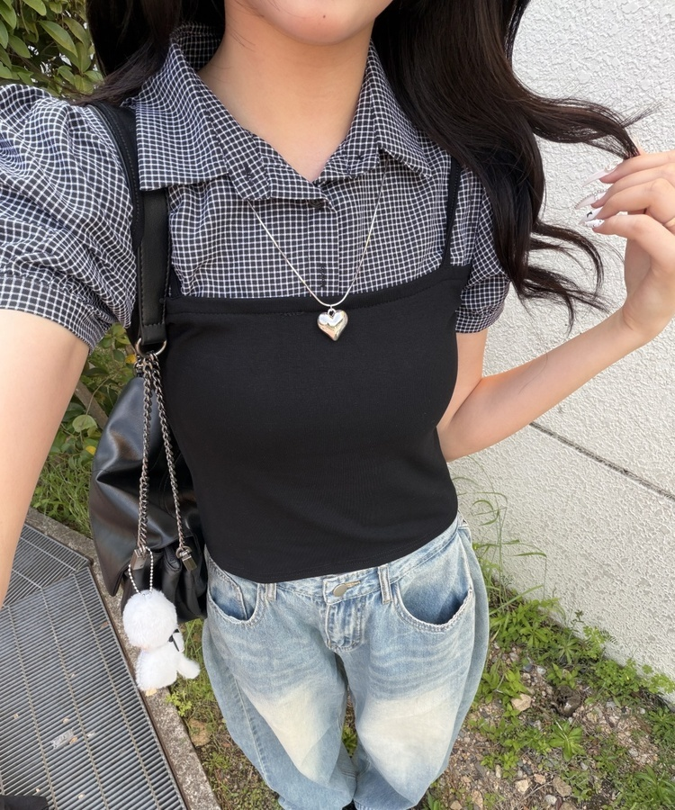 뷔스티에 레이어드 체크셔츠 블랙