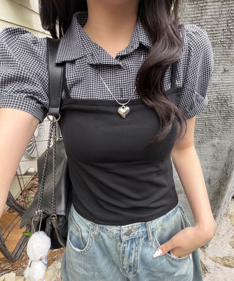 뷔스티에 레이어드 체크셔츠 블랙