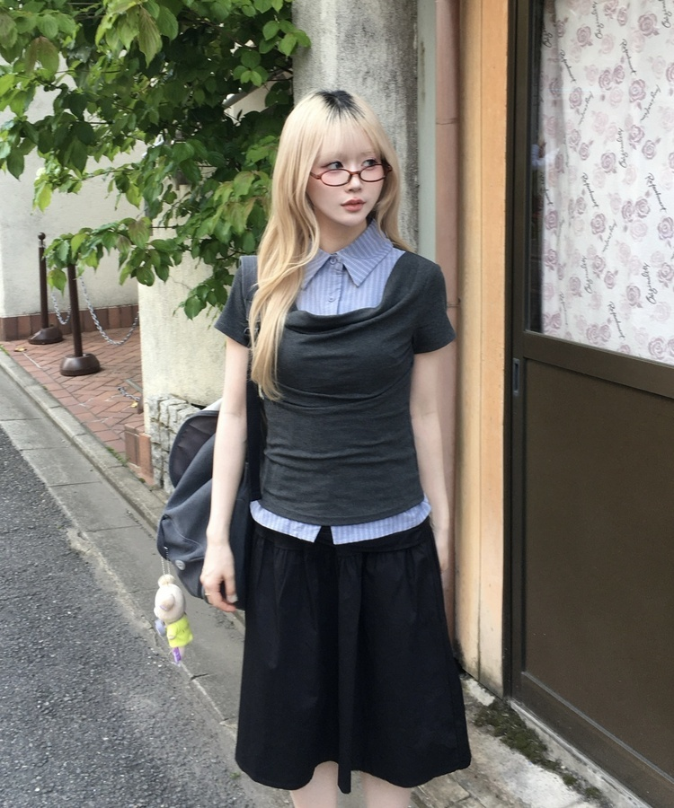 シャツレイヤードシャーリングトップス DEEP GRAY