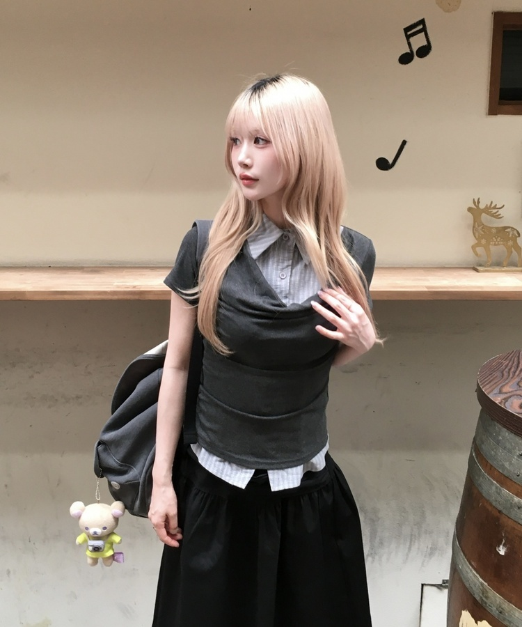 シャツレイヤードシャーリングトップス DEEP GRAY