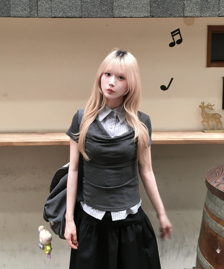 シャツレイヤードシャーリングトップス DEEP GRAY