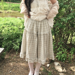 [미소녀/빈티지샵st!] 모리걸 스트라이프 캉캉 밴딩 코튼 미디스커트 화이트