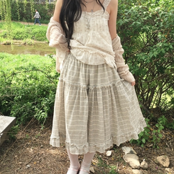 [미소녀/빈티지샵st!] 모리걸 스트라이프 캉캉 밴딩 코튼 미디스커트 화이트
