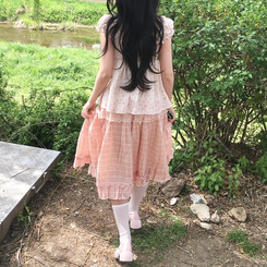 [미소녀/빈티지샵st!] 모리걸 스트라이프 캉캉 밴딩 코튼 미디스커트 핑크