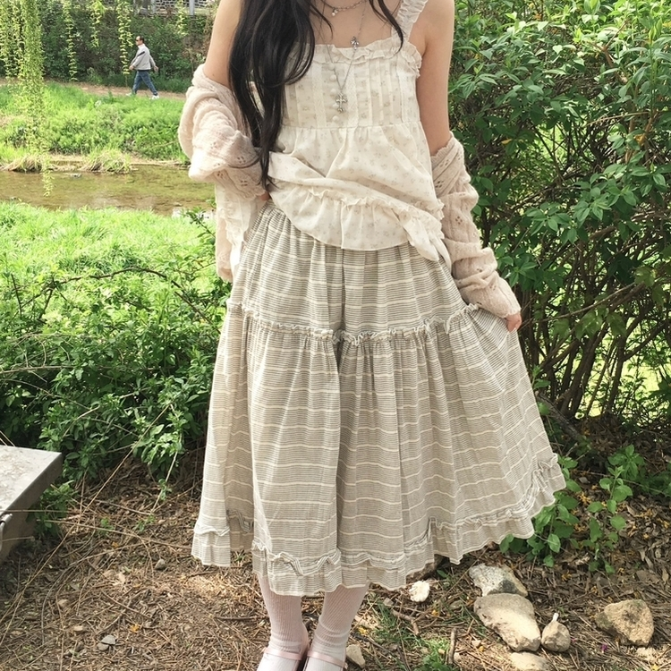 [미소녀/빈티지샵st!] 모리걸 스트라이프 캉캉 밴딩 코튼 미디스커트 화이트