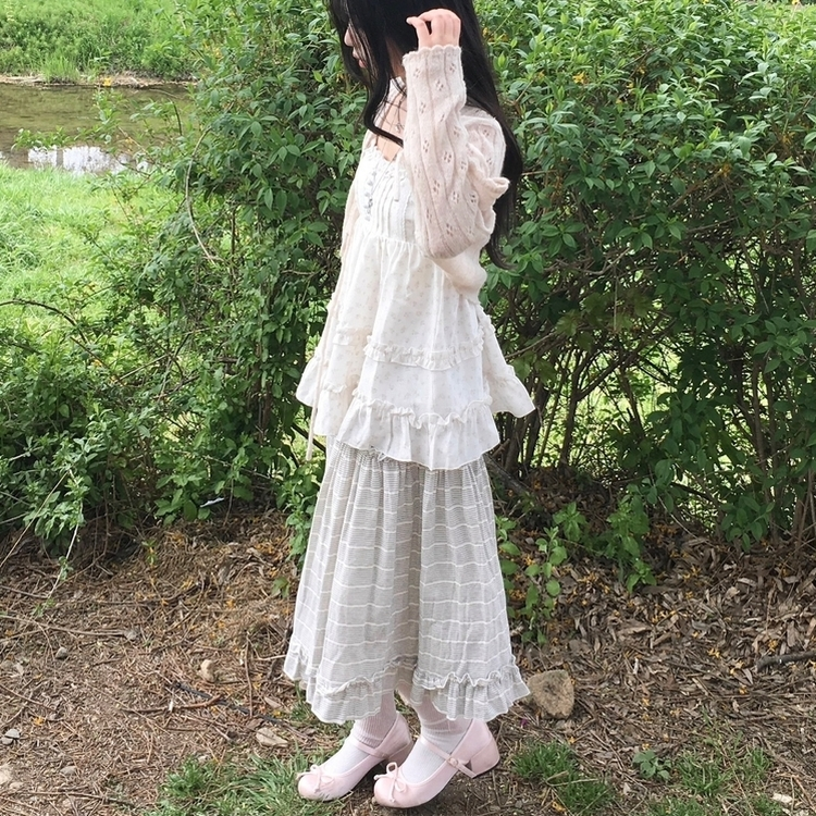 [미소녀/빈티지샵st!] 모리걸 스트라이프 캉캉 밴딩 코튼 미디스커트 화이트