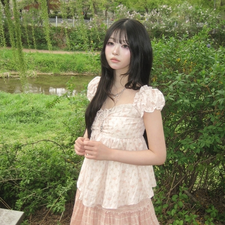 [물먹?/복숭아] 퓨어 코티지 모리걸 리본 베이비돌 나시 반팔 블라우스 티셔츠 핑크
