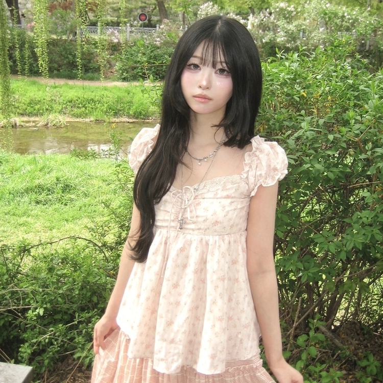 [물먹?/복숭아] 퓨어 코티지 모리걸 리본 베이비돌 나시 반팔 블라우스 티셔츠 핑크