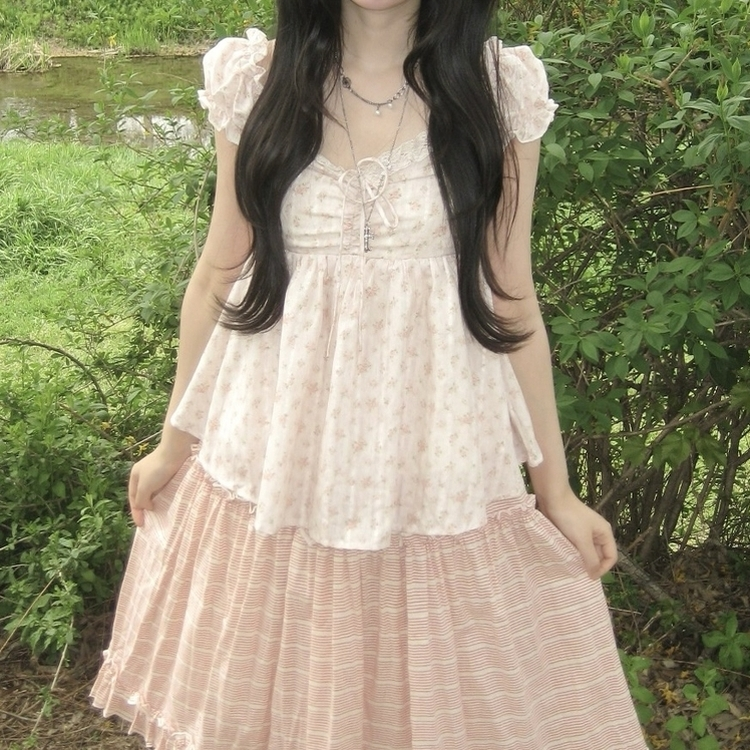 [물먹?/복숭아] 퓨어 코티지 모리걸 리본 베이비돌 나시 반팔 블라우스 티셔츠 핑크