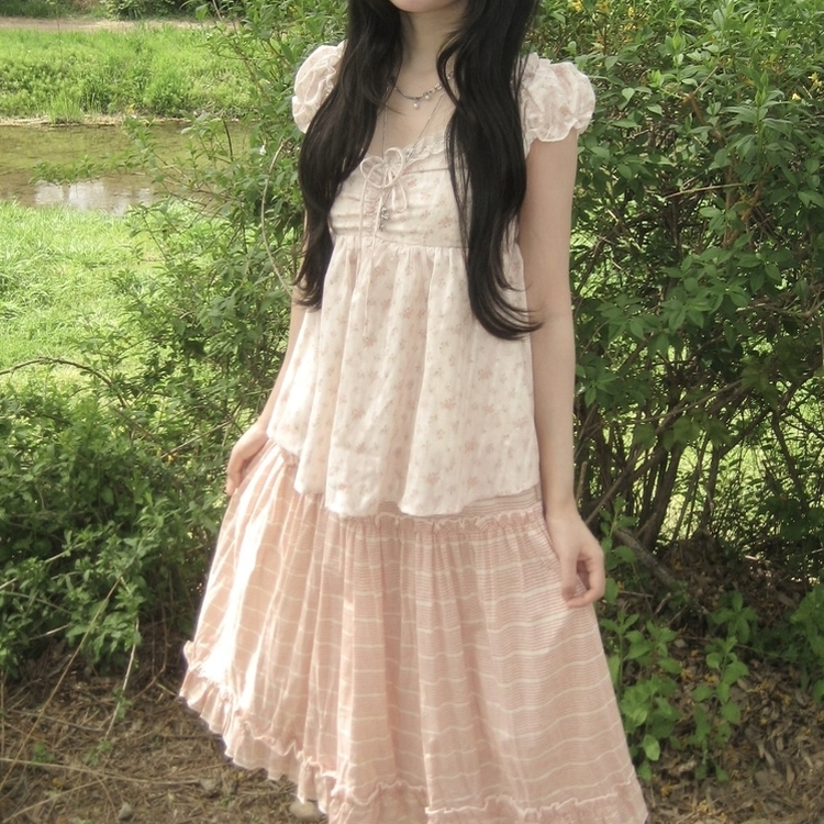 [물먹?/복숭아] 퓨어 코티지 모리걸 리본 베이비돌 나시 반팔 블라우스 티셔츠 핑크