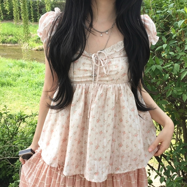 [물먹?/복숭아] 퓨어 코티지 모리걸 리본 베이비돌 나시 반팔 블라우스 티셔츠 핑크