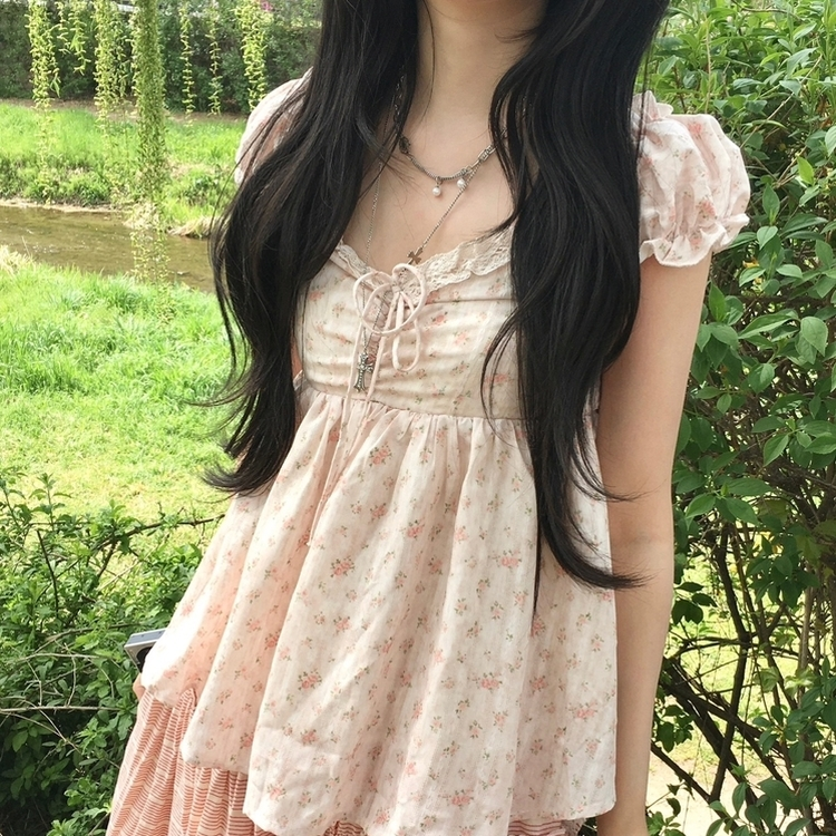 [물먹?/복숭아] 퓨어 코티지 모리걸 리본 베이비돌 나시 반팔 블라우스 티셔츠 핑크