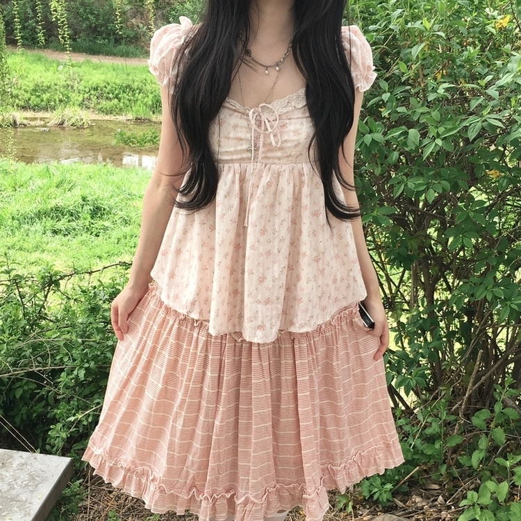 [물먹?/복숭아] 퓨어 코티지 모리걸 리본 베이비돌 나시 반팔 블라우스 티셔츠 핑크