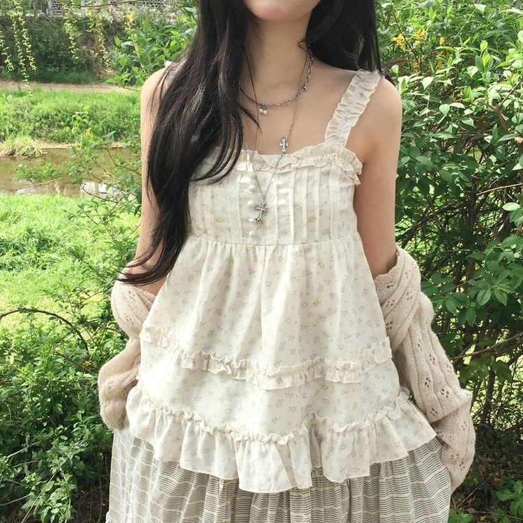 코티지 모리 베이비돌 옆지퍼 잔꽃 캉캉 나시 블라우스 아이보리