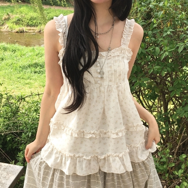 코티지 모리 베이비돌 옆지퍼 잔꽃 캉캉 나시 블라우스 아이보리